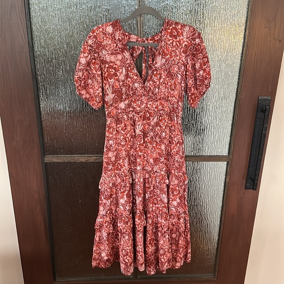 Ulla Johnson Amora Coral Floral Print Midi Dress Size 4 Ruffle Puff Sleeve - Picture 7 of 14